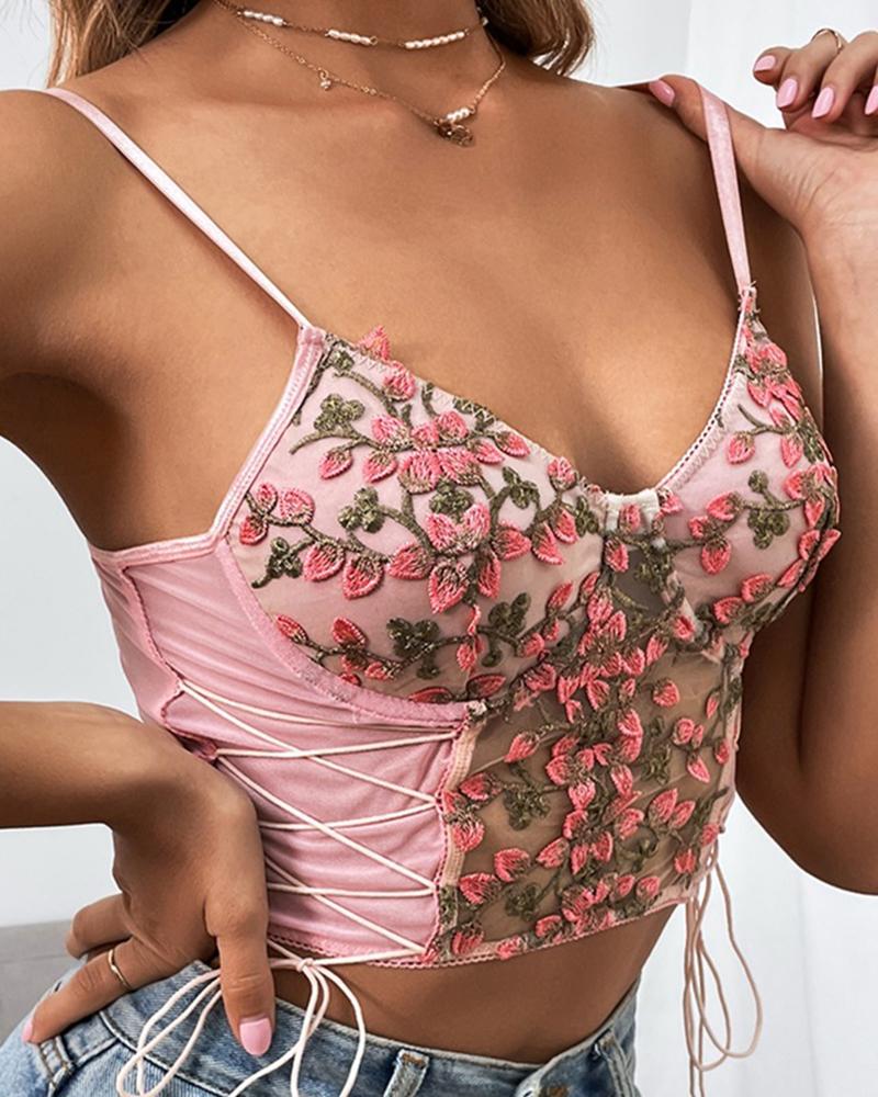 

Side Lace-up Floral Embroidery Crop Top, Pink