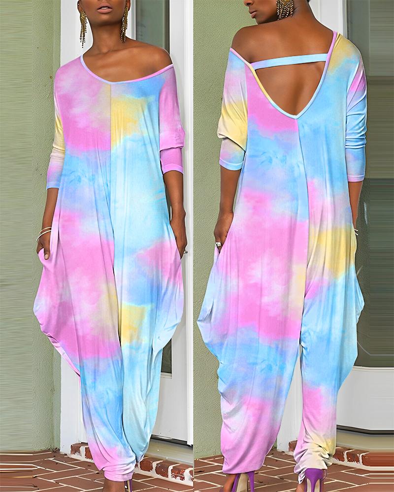 

Tie Dye Print Long Sleeve V-Neck Harem Jumpsuit, Multicolor