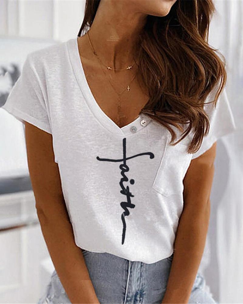 

Letter Pattern Print Pocket Design Buttoned Casual T-shirt, White