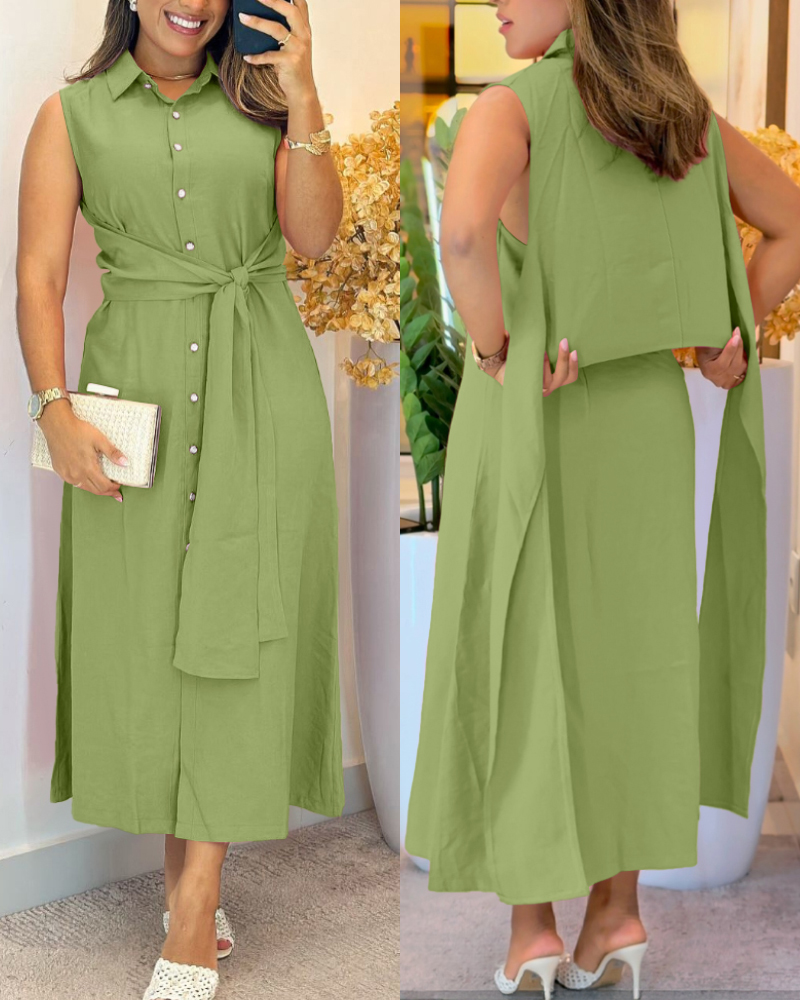 

Robe chemise sans manches à col rabattu et boutons sur le devant, robe midi décontractée à détails noués, Green