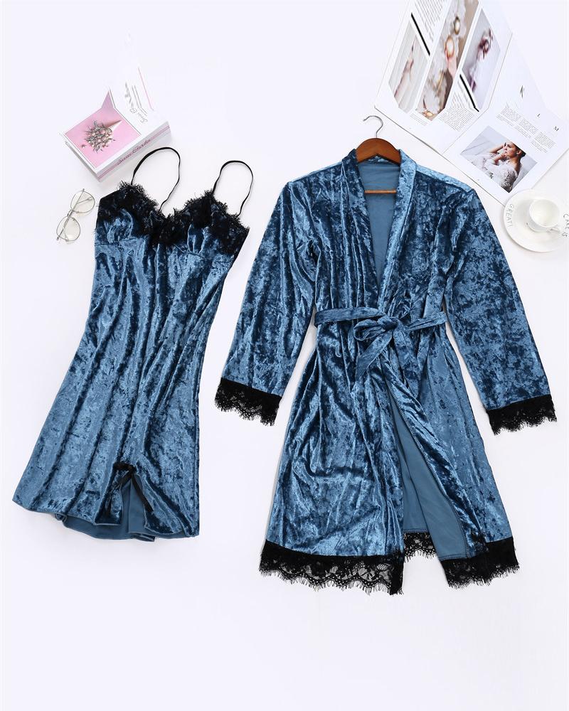 

Bowknot Decor Lace Trim Velvet Nightdress With Belted Robe, Blue