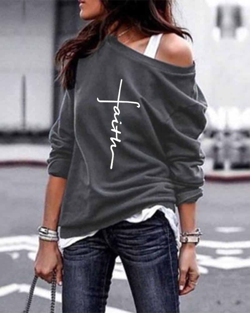 

Letter Print Long Sleeve Round Neck Sweatshirt, Gray