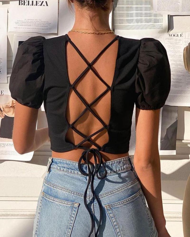 

Lace-up Backless Puff Sleeve Crop Top, Black