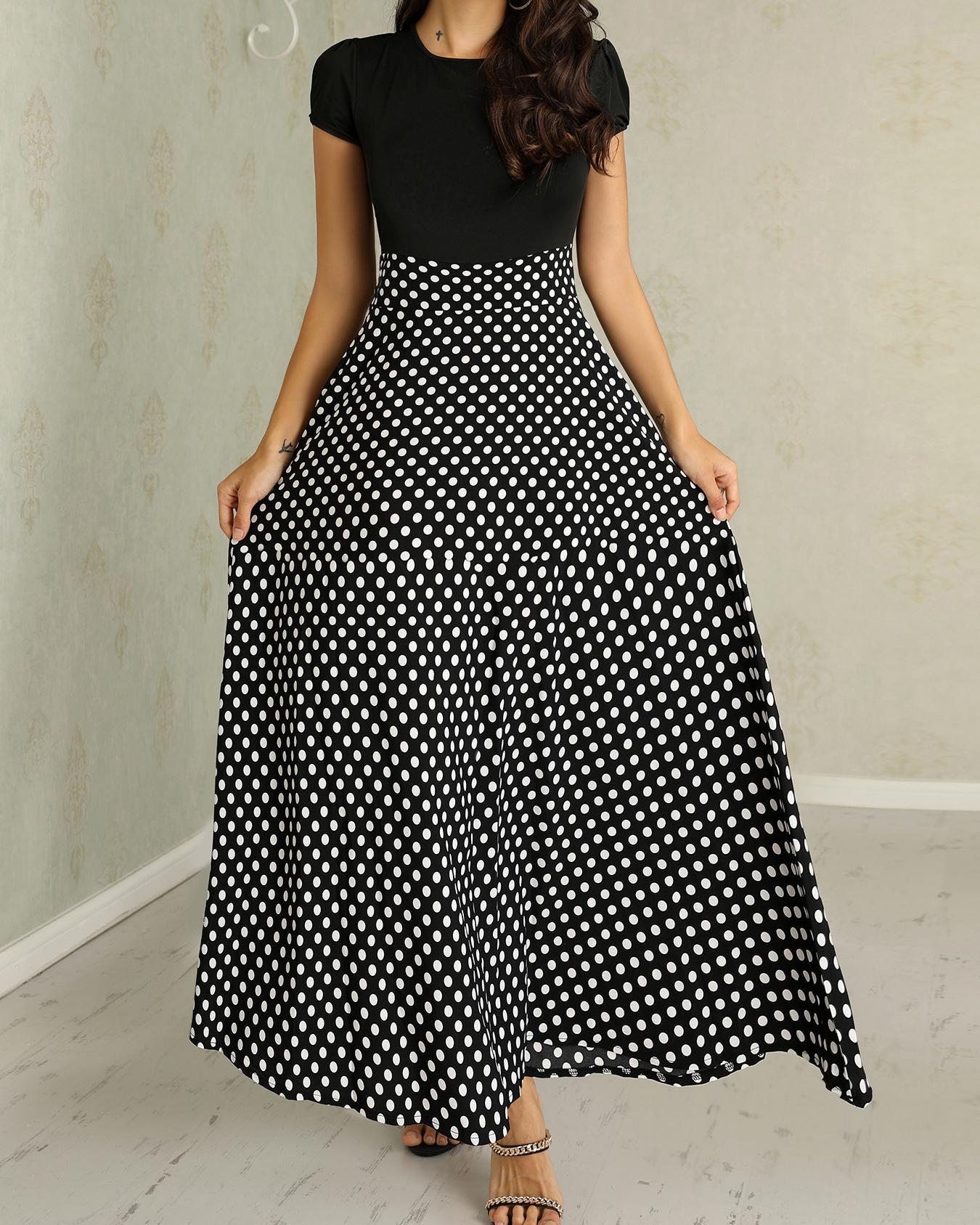 

Short Sleeve Polka Dots Print Patchwork Maxi Dress, Black