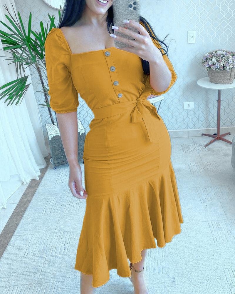 

Half Sleeve Button Front Pleated Casual Dress, Yellow