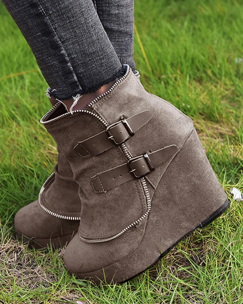 

Buckled Wedge Ankle Boots, Khaki