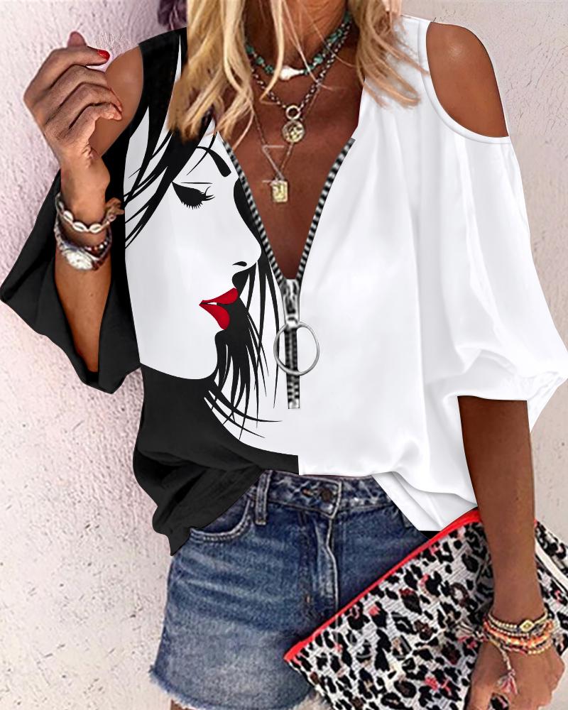 

Figure Print Colorblock Cold Shoulder Top, Blackwhite
