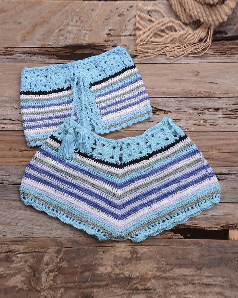 

Multicolor Striped Hollow-out Weave Off Shoulder Sleeveless 2-Piece Bikini Sets, Blue