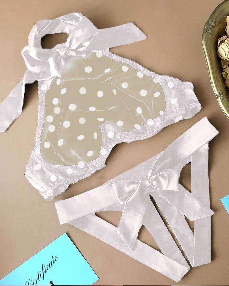 

Dot Mesh Bowknot Cutout Lingerie Set, White