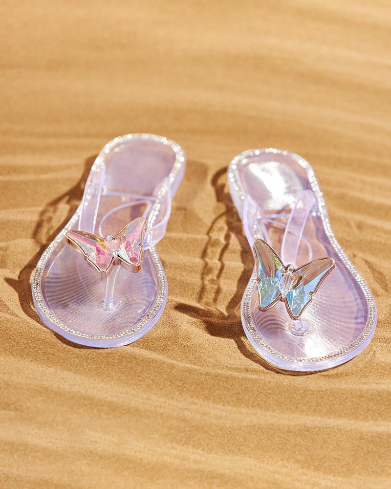 

Rhinestone Butterfly Studded Decor Flip Flops, Clear
