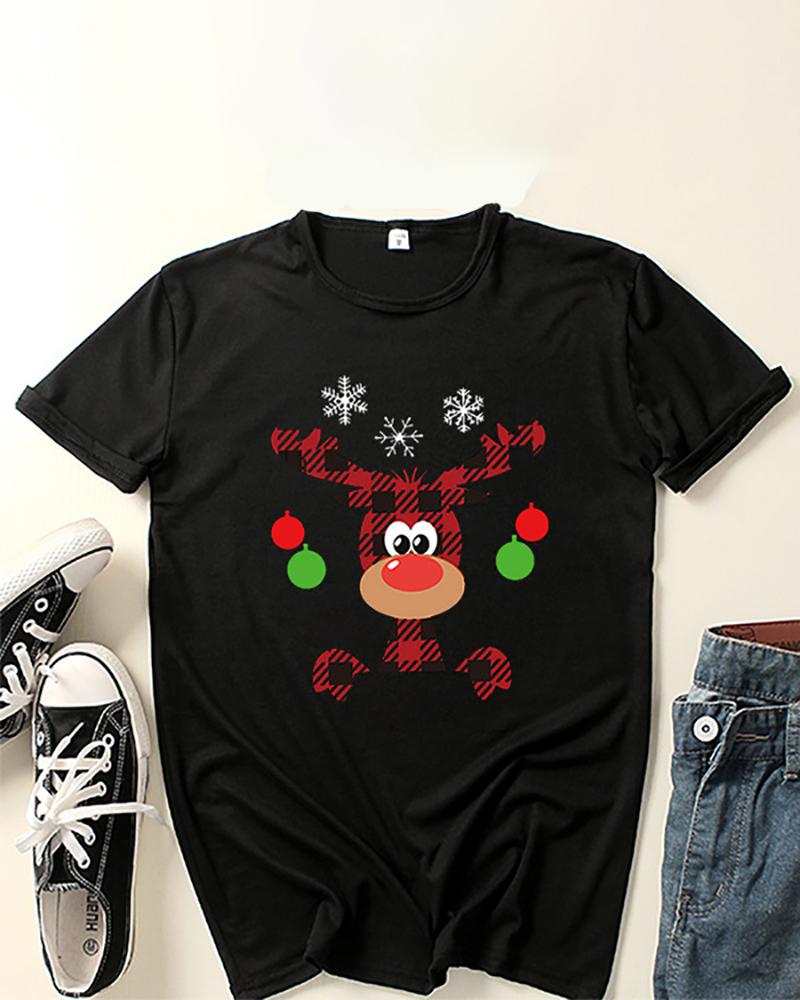 

Christmas Elk Snowflake Plaid Print Short Sleeve T-shirt, Black