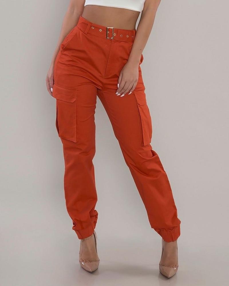 

Zipper Fly Flap Pocket Cargo Pants, Red