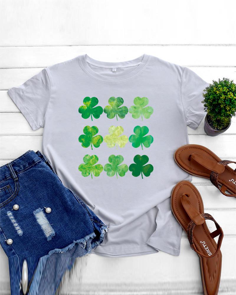 

St. Patrick' Day Clover Print Casual T-shirt, Gray