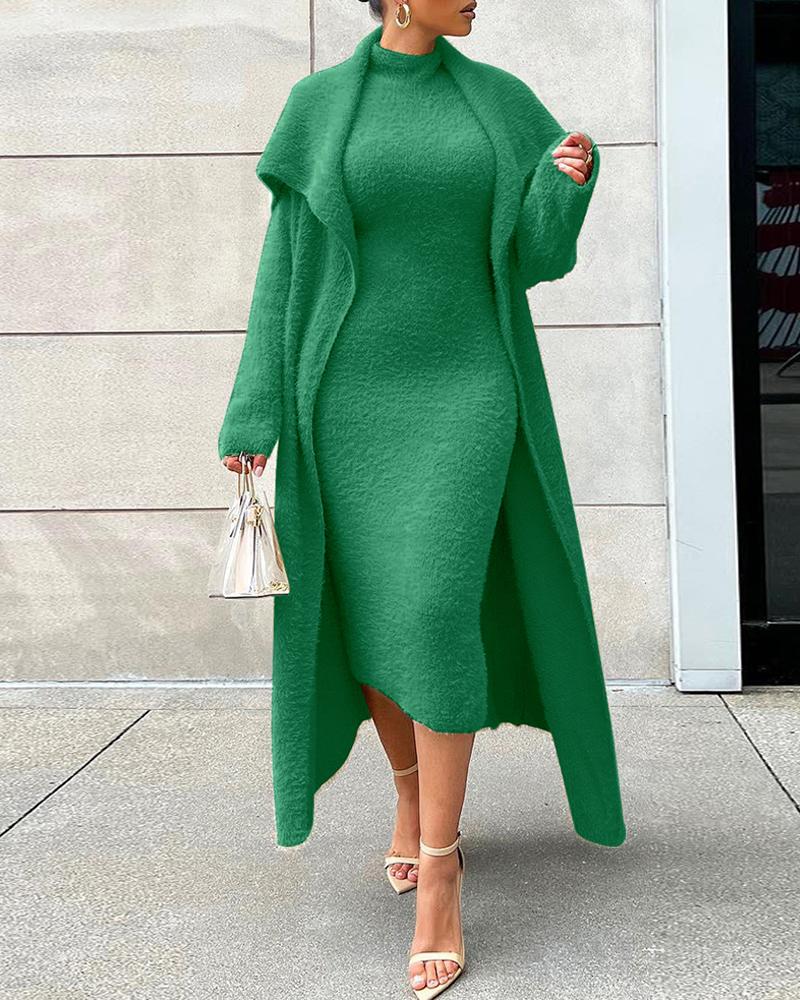 

Fuzzy Mock Neck Midi Dress & Long Sleeve Cardigan Set, Green