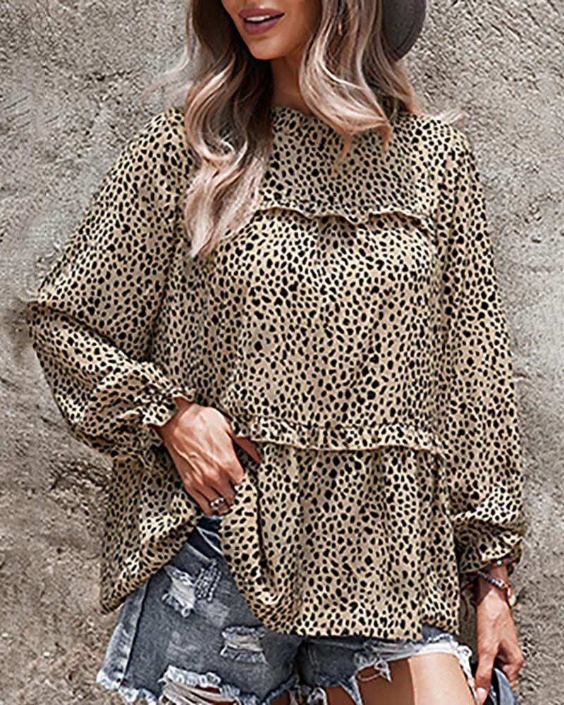 

Lantern Sleeve Cheetah Print Frill Hem Casual Top, Khaki