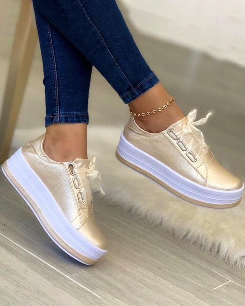 

Platform Lace-up Eyelet Sneakers, Gold
