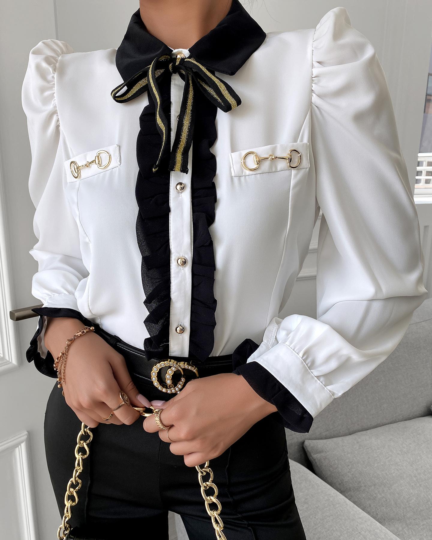 

Tie Neck Pocket Design Long Sleeve Shirt, White