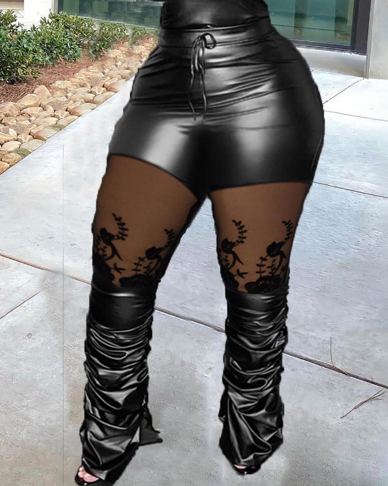 

PU Leather Contrast Lace Ruched Pants, Black