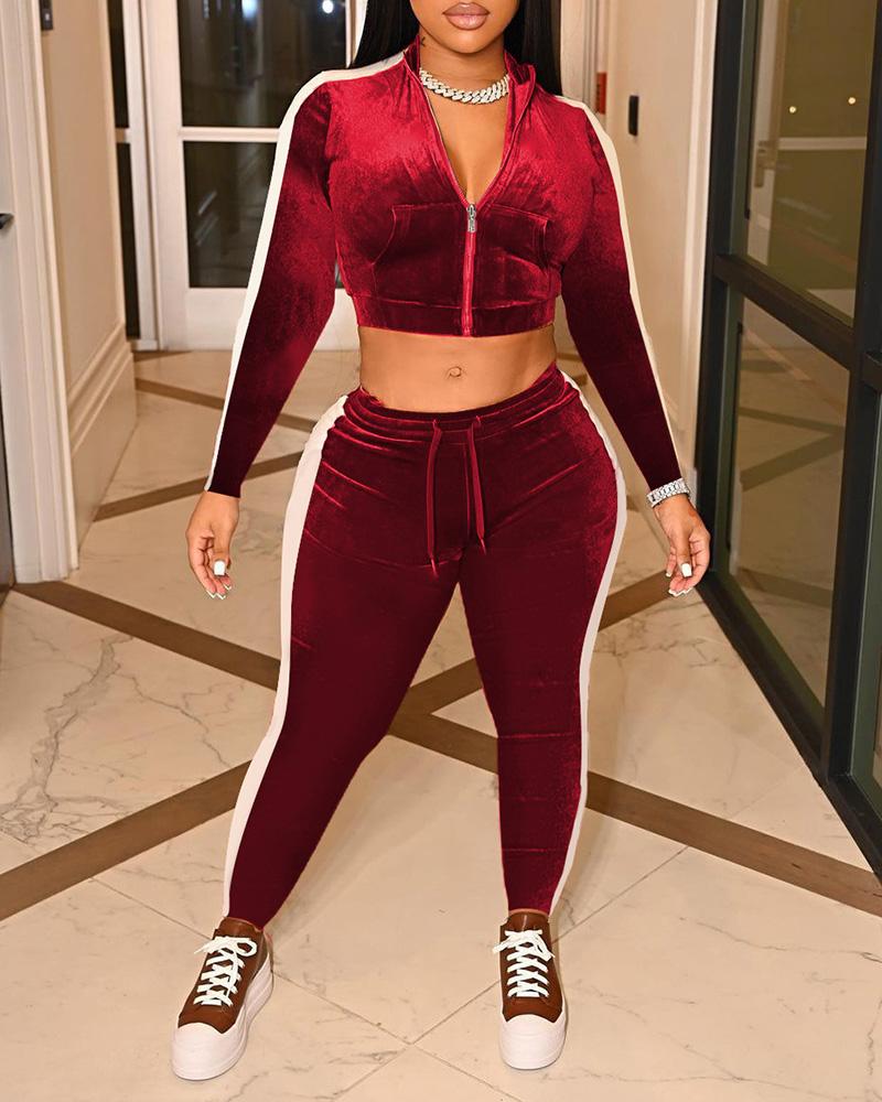 

Velvet Striped Zipper Design Top & Drawstring Pants Set, Red