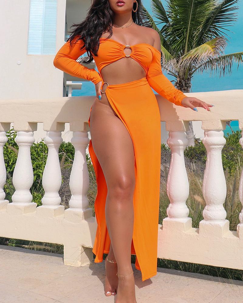 

Off Shoulder O Ring Decor Cutout High Slit Maxi Dress, Orange