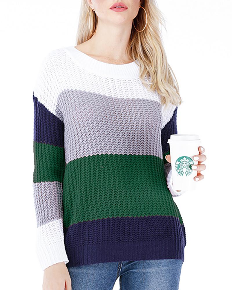 

Colorblock Knit Long Sleeve Sweater, Green