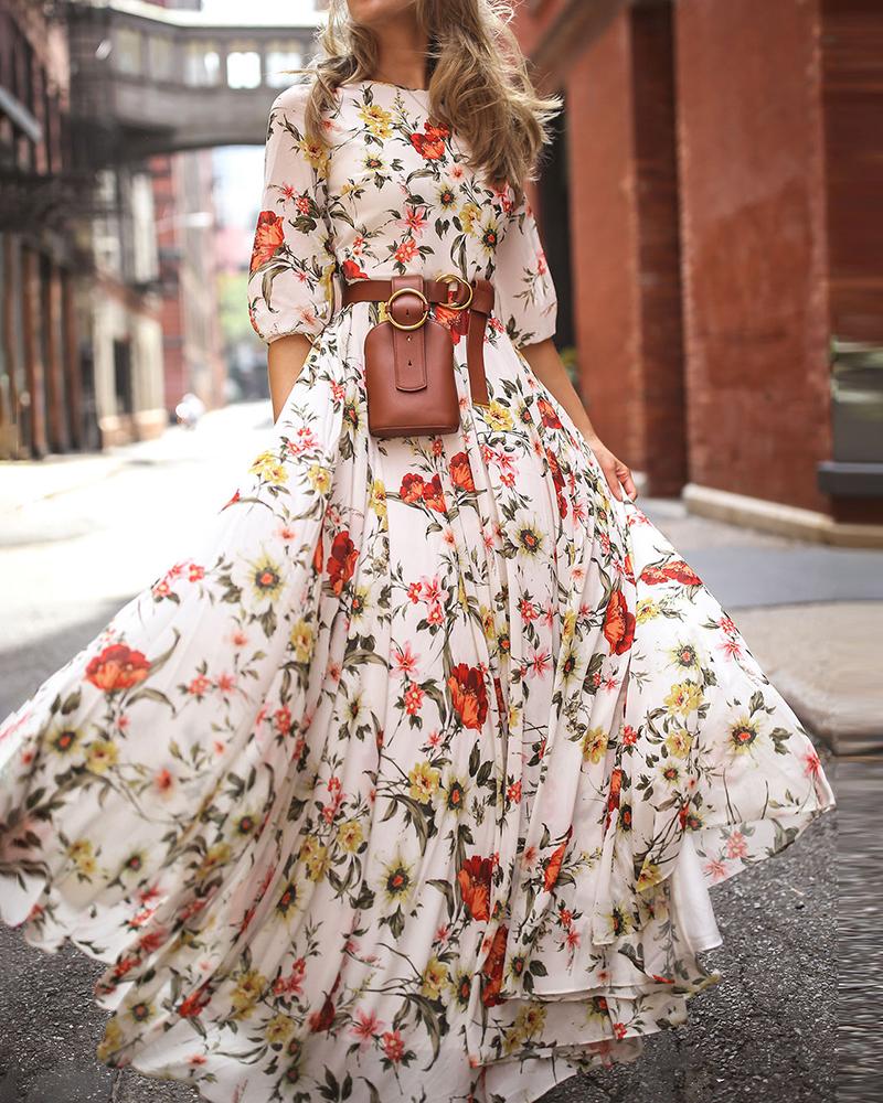 

Floral Print Half Sleeve Ruched Casual Maxi Dress, White