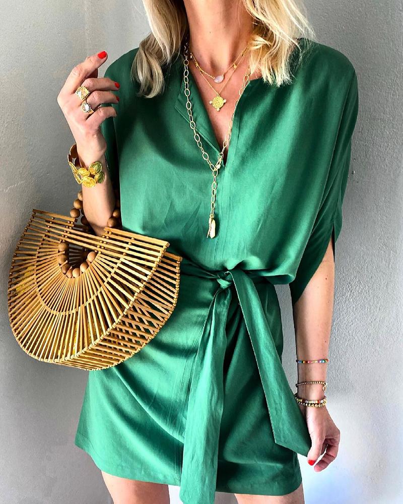 

Half Sleeve Tied Detail Satin Casual Dress, Green