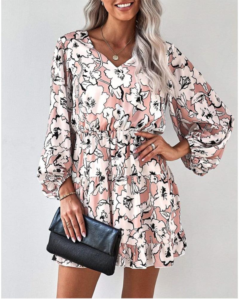 

Floral Print Ruffle Hem Lantern Sleeve Mini Dress, Pink