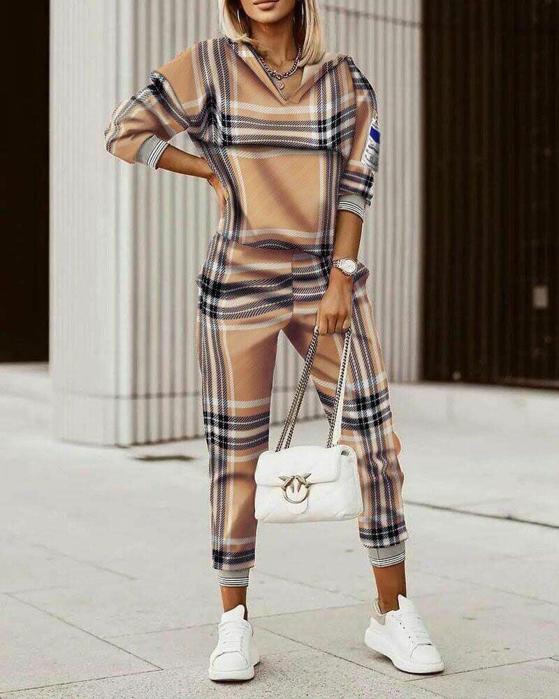 

Plaid Print Long Sleeve Hooded Top & Pants Set, Khaki