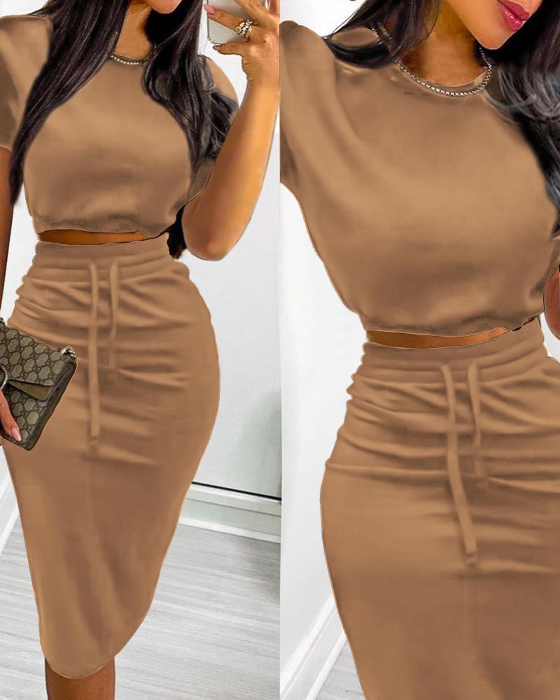 

Short Sleeve Crop Top & Split Back Drawstring Skirt Set, Coffee