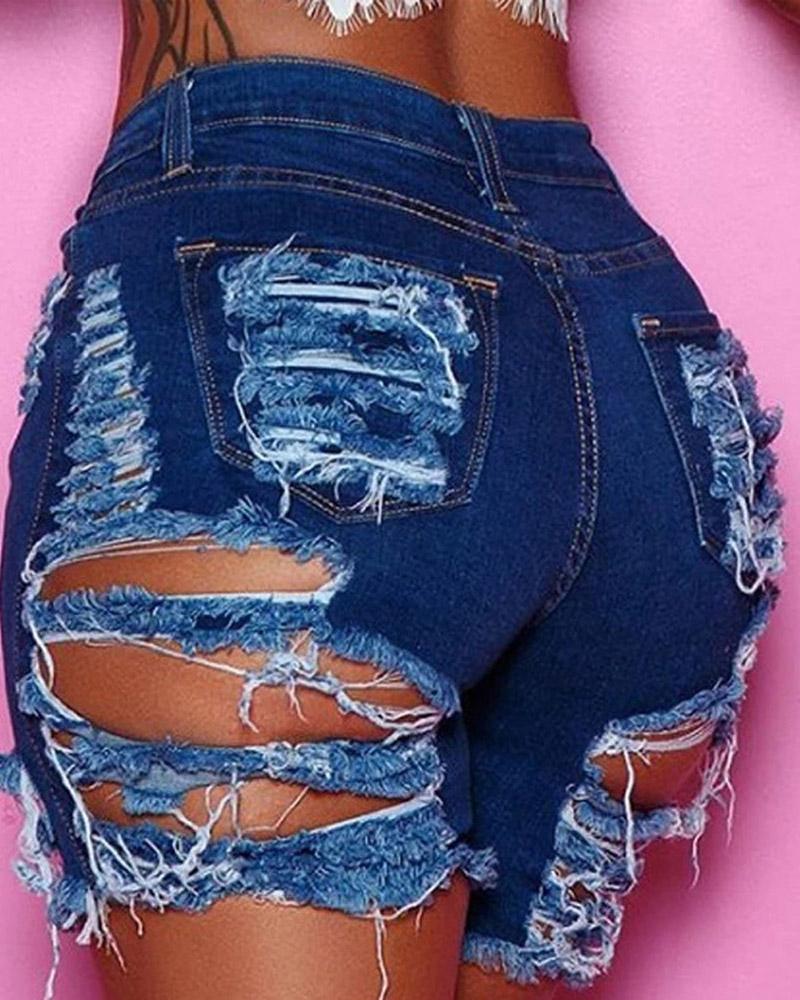 Buy Zipper Fly Cutout Ripped Raw Hem Denim Shorts. Picture