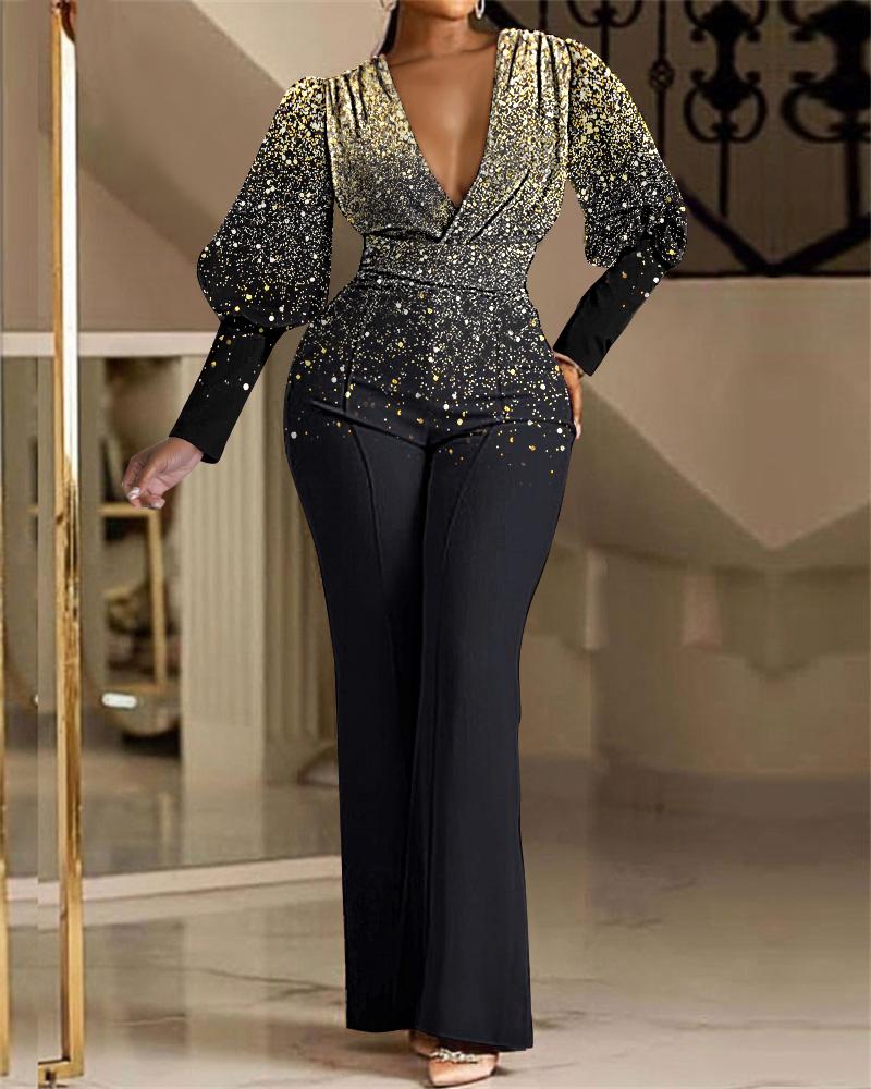 

Print Puff Lantern Sleeve High Waist Jumpsuit, Black