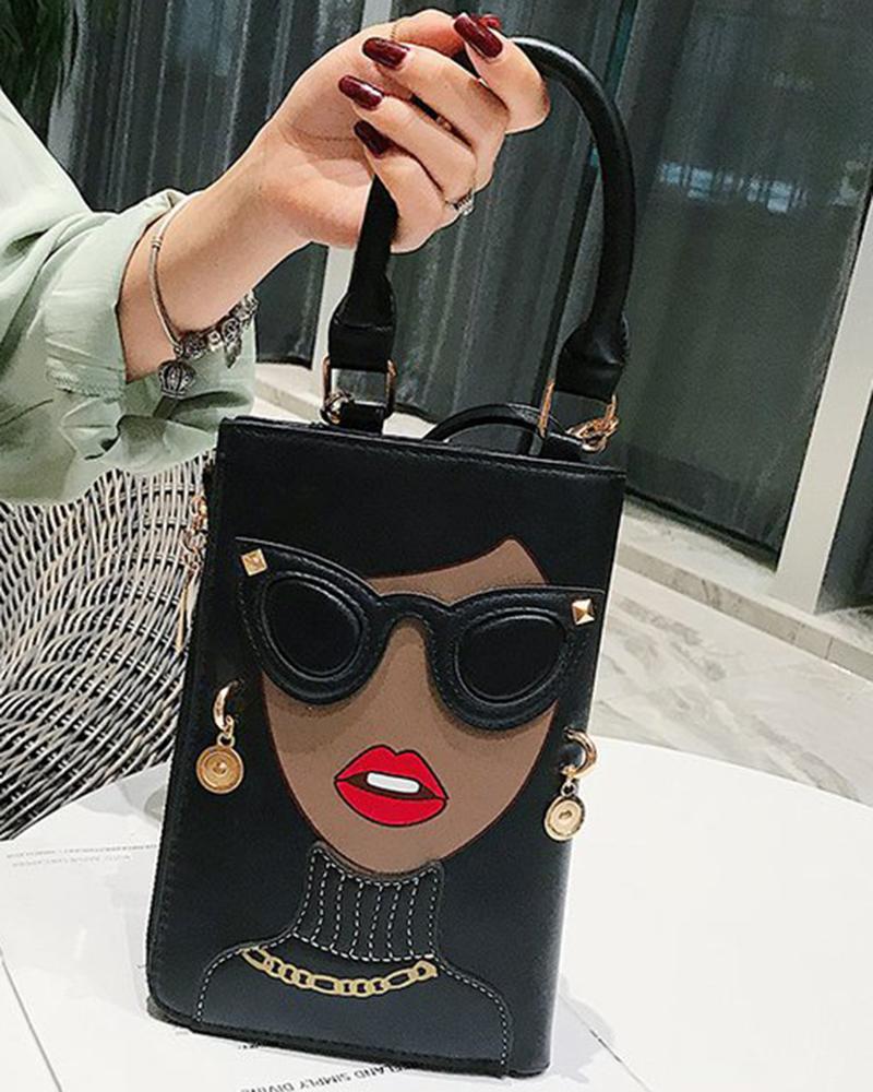 

Funny Lady Face Top Handle Satchel Bag, Black