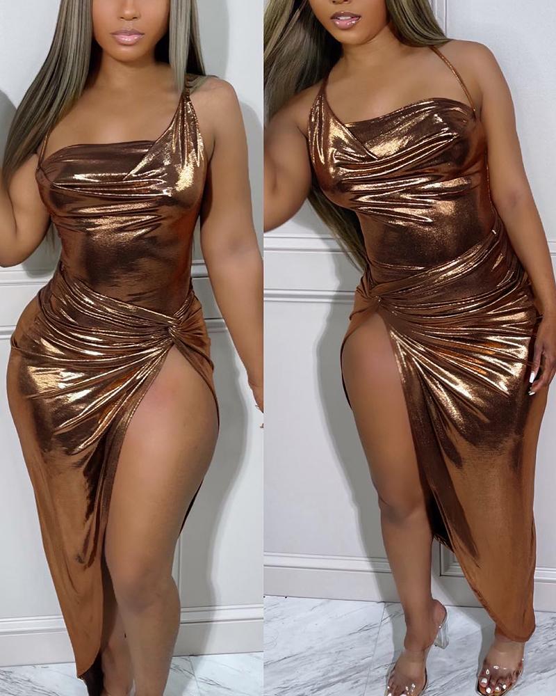 

Halter Bodysuit & Slit Ruched Skirt Set, Gold