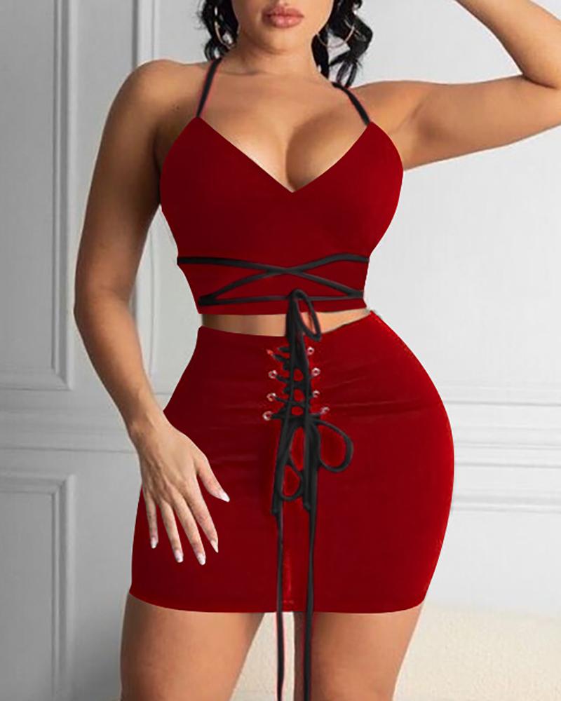 

Halter Crisscross Backless Crop Top & Eyelet Lace-up Skirt Set, Wine red