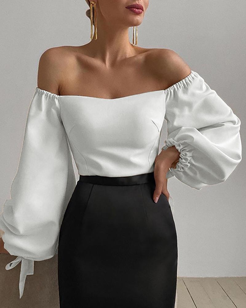 

Off Shoulder Tie Detail Lantern Sleeve Top, White