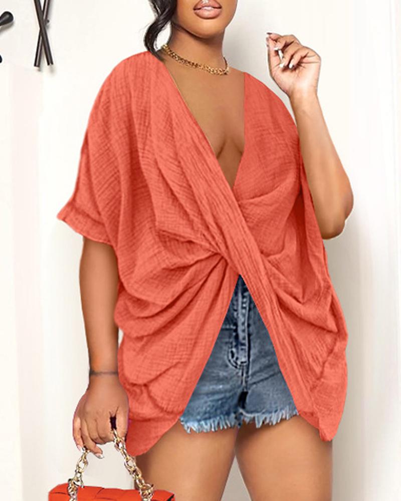 

V-Neck Twist Front Draped Top, Orange