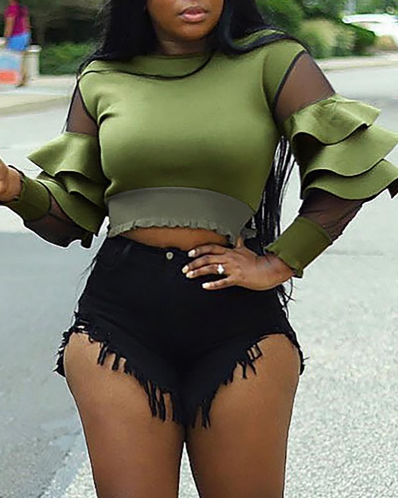 

Ruffles Sleeve Sheer Mesh Crop Top, Army green