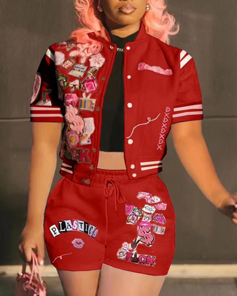 

Cartoon Letter Graphic Pattern Baseball Top & Shorts Set, Red