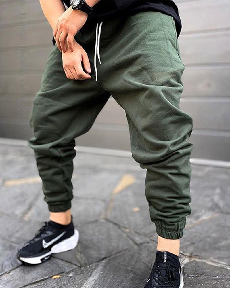

Solid Drawstring Loose Feet Harem Pants, Army green