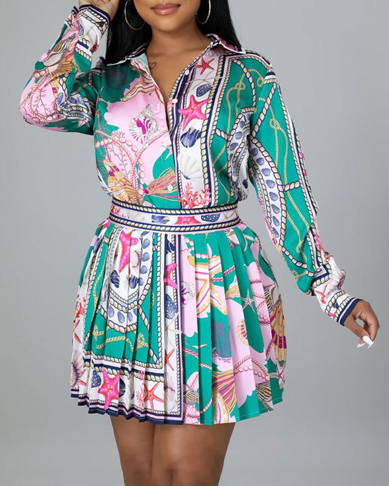 

Baroque Graphic Print Long Sleeve Shirt & Pleated Skirt Set, Green