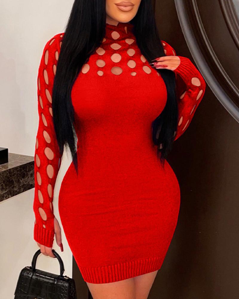 

Long Sleeve Hollow Out Knitted Sweater Dress, Red