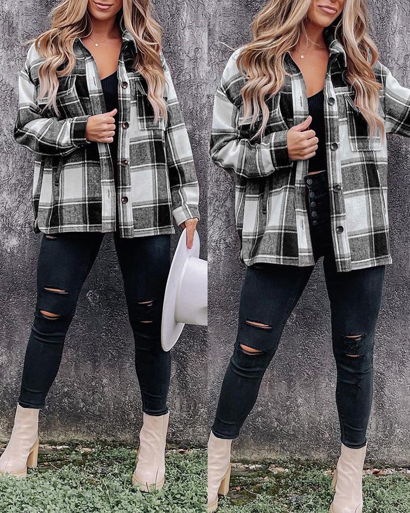 

Plaid Print Long Sleeve Button Down Shacket, Black