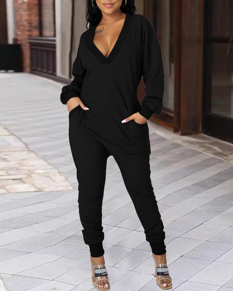 

Pocket Design V-Neck Long Sleeve Jumpsuit, Black