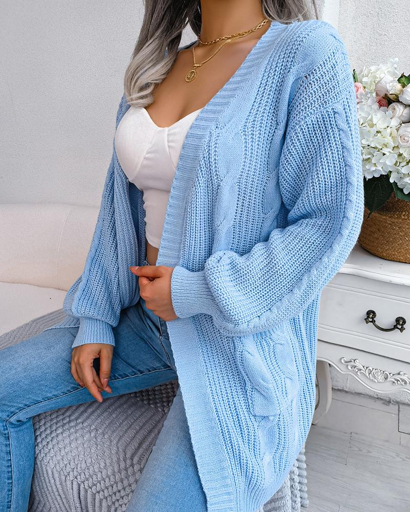 

Braided Lantern Sleeve Pocket Design Cardigan, Blue