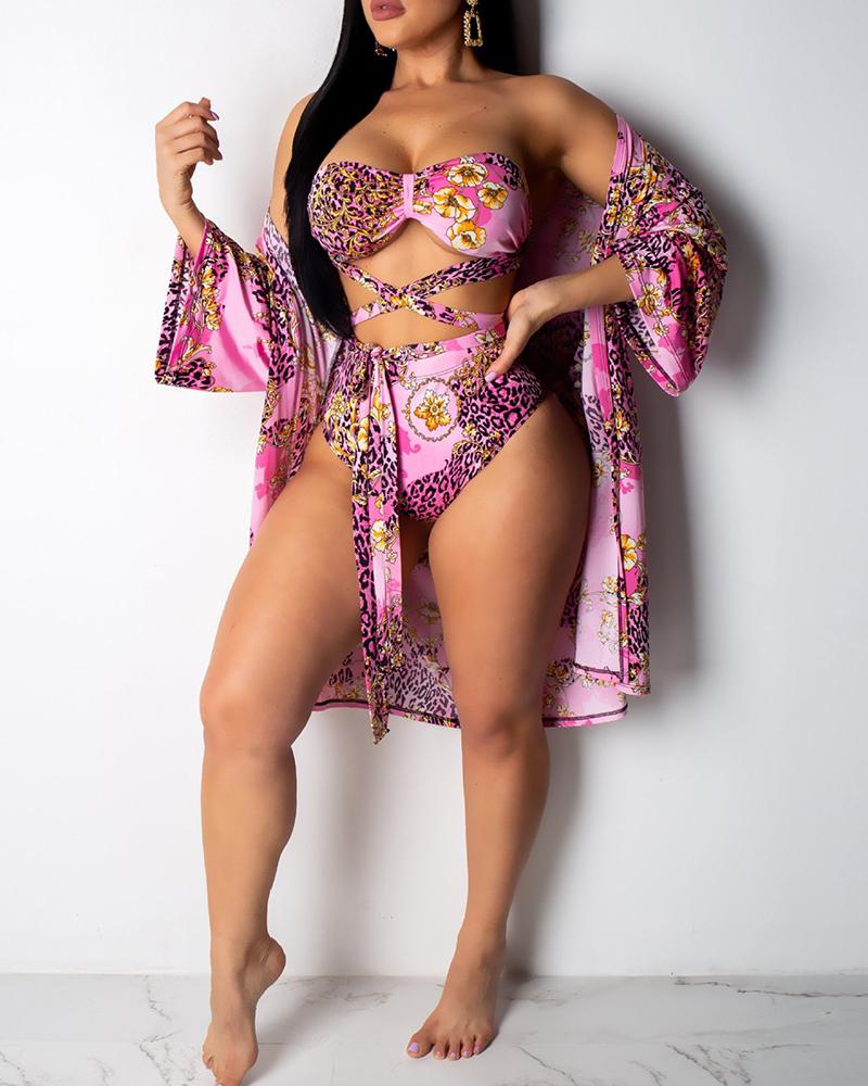 

3PCS Cheetah Floral Print Bikini Set With Cover Up, Purple
