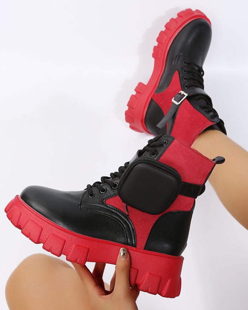 

Lace-up Martin Boots With Pocket, Black&red