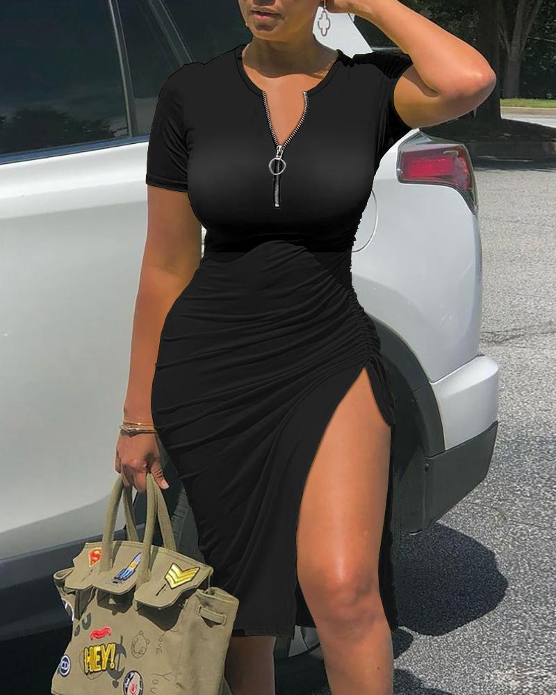

Short Sleeve Drawstring Ruched Zipper Design Skinny Dress, Black