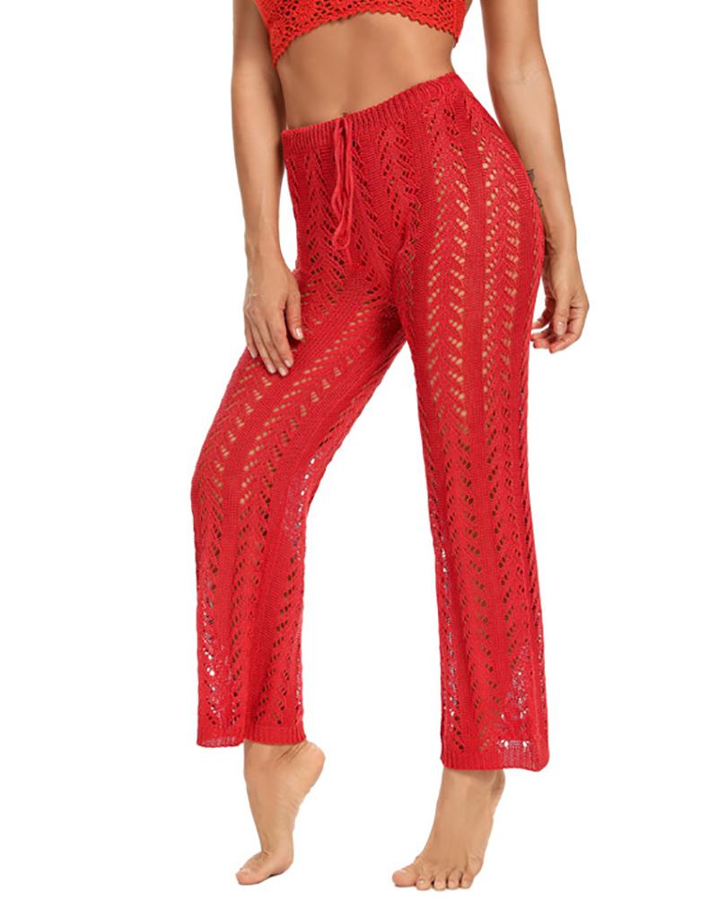 

Drawstring Hollow-Out Crochet Cover Up Pants, Red