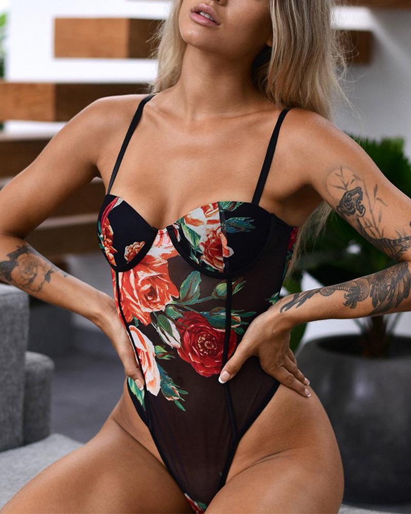 

Floral Print Strap Skinny Teddies Bodysuit, Black